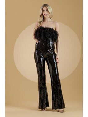 Clearance Black Size 4 Sequin Feather Strapless Formal Jumpsuit By Amelia 3019